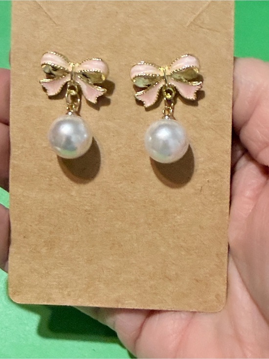 Jewelry - Pink Enamel Bow Pearl Gold Fairy Core Drop Earrings